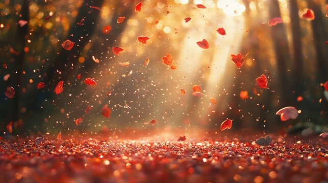 Autumnal Enchantment: Falling Leaves in Golden Sunlight