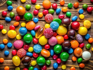 Fototapeta premium Colorful Candies Scattered on Rustic Wooden Table - Aerial View