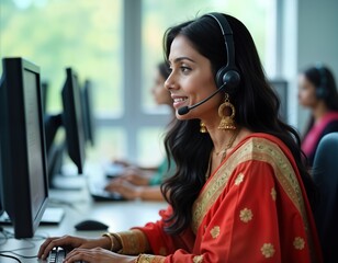 Indian woman in traditional sari working at call center in India. Wears headset, smiles. Woman on phone, looking at computer screen. Indoor office setting visible. Works at tech company in India. Pic