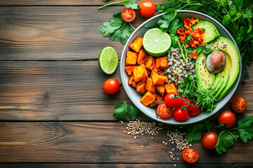 Artistic flat-lay shot of a colorful vegan meal, featuring an avocado and quinoa bowl garnished with fresh herbs, cherry tomatoes, roasted sweet potatoes, and lime wedges, presented on a rustic wooden