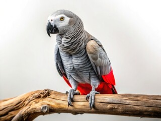 Obraz premium Double Exposure: African Grey Parrot on Branch, Vibrant Feathers & Red Tail, White Background