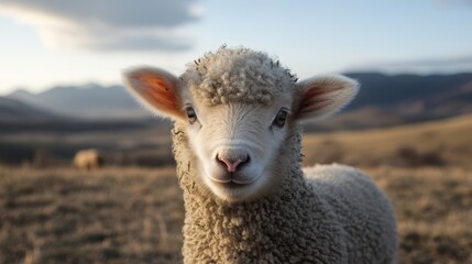 Fototapeta premium A solitary sheep stands in lush grass, framed by majestic mountains under a clear sky, embodying tranquility in a picturesque landscape.
