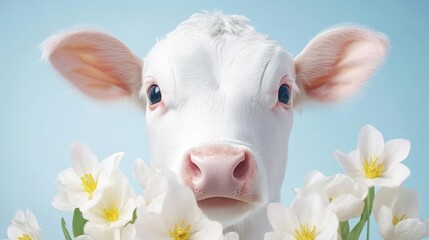A cow gazes into the camera, surrounded by vibrant flowers that enhance the pastoral beauty of the scene.