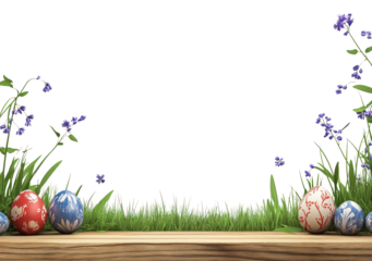 PNG Colorful Easter eggs on a wooden table grass colorful flowers.