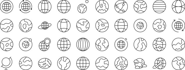 Globe and Planet Line Icon Bundle. Outline Signs for Graphic and Web Design, Apps, Adverts, Various Cards