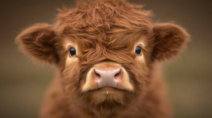 Fototapeta premium A close-up view of a brown cow showcasing its striking blue eyes, emphasizing the animal's unique features and gentle demeanor.