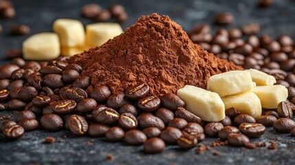 Cocoa powder, coffee beans, and cacao butter on dark background