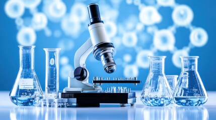 A detailed close-up of a microscope alongside several test tubes filled with vibrant blue liquid, highlighting a scientific exploration theme.