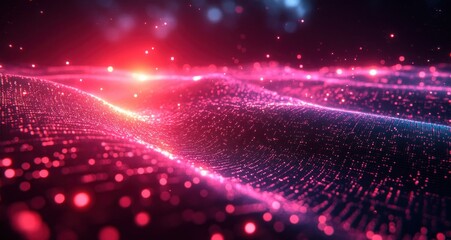 Fototapeta premium Futuristic Cyber Network Digital Visualization with Glowing Nodes and Neon Lines in Abstract Big Data Stream