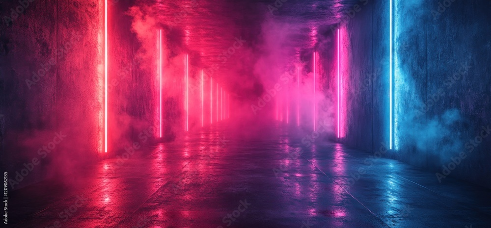 Aufkleber Futuristic Neon Lines Illuminating Dark Concrete Floor in Angular Cyberpunk Scene