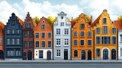 Fototapeta premium Colorful canal houses, city street, autumn, travel poster