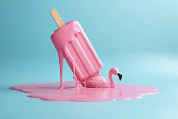 Melting Pink Popsicle with Flamingo Float on Vibrant Puddle in Pastel Blue Background