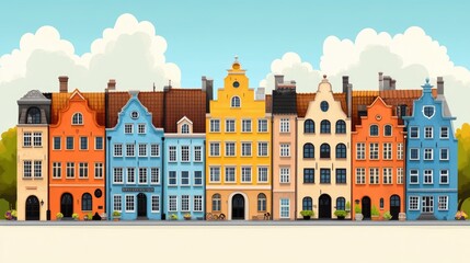 Colorful European town houses sunny day cityscape illustration