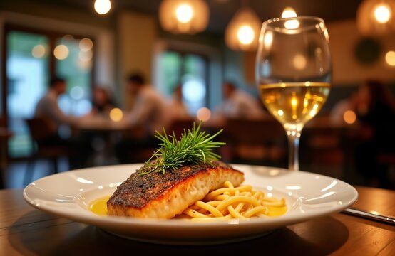 Romantic dinner scene in upscale eatery. Grilled fish served with pasta, white wine. People enjoying delicious meal at beautifully set table. Fine dining experience in sophisticated setting. Night