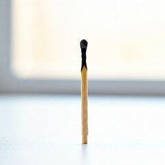 a single burnt matchstick standing on a white surface