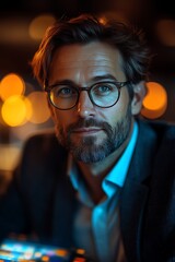 Obraz premium Man in glasses, night portrait.