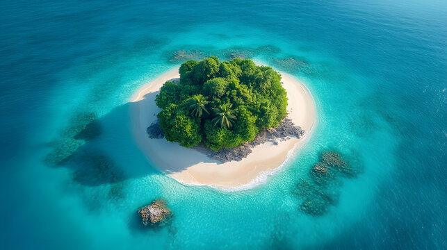 Abgelegene tropische Insel mit wei&szlig;em Sandstrand, &uuml;ppiger Vegetation und t&uuml;rkisblauem Wasser  
