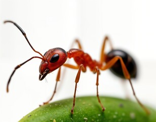 Closeup photo of red ant on green leaf. Ant black head, legs. Tiny insect on white background. Macro photo of ant. Nature detail. Ant closeup. Red ant on leaf. Insect macro. Ant on leaf. Detailed