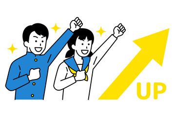 上昇する矢印とガッツポーズで喜ぶ男女の学生