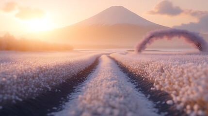 Fototapeta premium Serene Sunrise Path Mount Fuji Winter Field