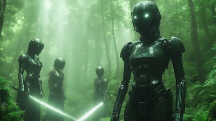 Fototapeta premium Robotic women with glowing eyes stand in a misty forest.