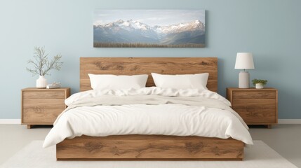 A cozy bed features a white comforter and a stylish wooden headboard, creating a serene and inviting atmosphere for relaxation and rest.