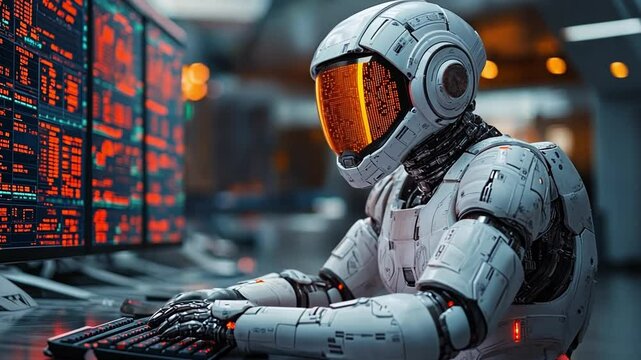 Cybernetic Sentinel: A futuristic robot, clad in sleek white armor with an illuminated visor, sits intently before a bank of glowing computer screens, processing complex data.