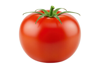 A perfectly ripe and smooth red tomato with a green stem, isolated on a white background