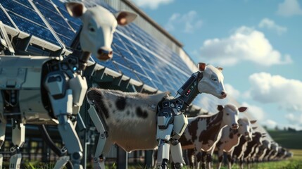A farm using robotics and solar energy to enhance animal husbandry, with robots assisting animals and solar panels on the barn, showcasing modern farming tech