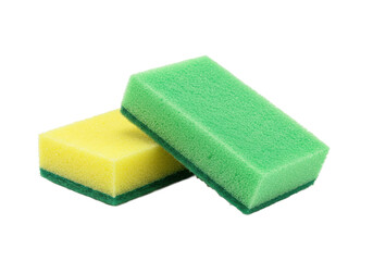 Two stacked yellow and green kitchen sponges, isolated on a white background
