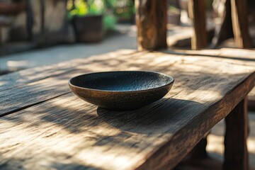 Dish on the wooden table in outdoor restaurant, Generative AI