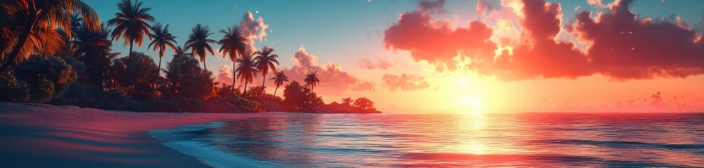 Obraz premium Tropical Palm Trees Summer Beach Landscape against Blue Sky Serene Vacation Paradise