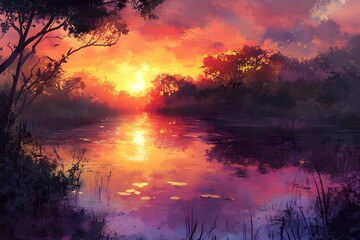 Obraz premium Sunset Reflects on Calm Lake Water, Serene Evening Landscape