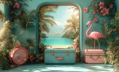 Tropical Summer Travel Suitcase Scene with Miniature Palm Trees Pink Flamingo and Bright Blue Background