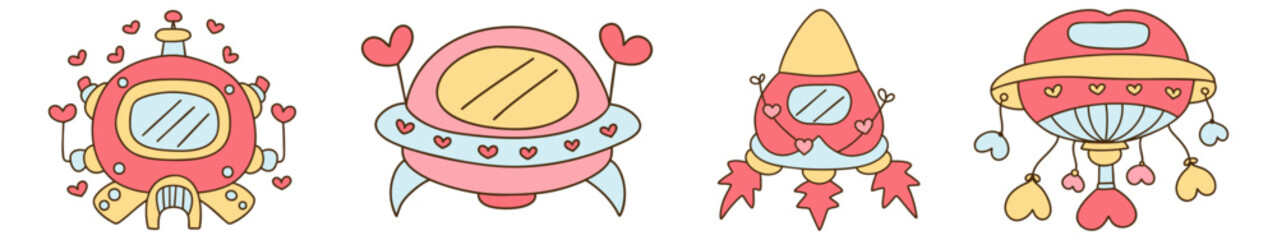 Cute and colorful space themed robots with hearts, perfect for Valentine Day. These whimsical designs feature rockets and flying saucers, evoking playful and romantic atmosphere