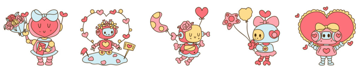 Cute robots celebrating love with hearts, flowers, and balloons. These whimsical characters embody joy and affection, perfect for Valentine Day themes