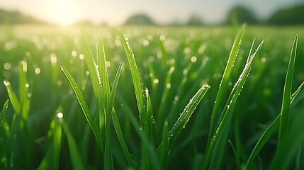 Obraz premium Dewdrops Glisten on Lush Green Grass Blades in Sunlight