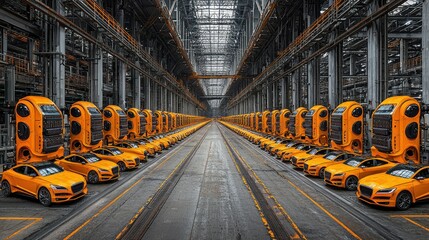 Assembly Line Of Yellow Cars In A Modern Factory