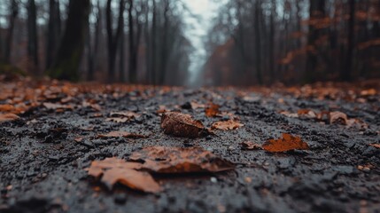 Obraz premium Autumn forest path, muddy leaves, misty background, nature scene, website banner