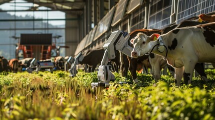 A farm using robotics and solar energy to enhance animal husbandry, with robots assisting animals and solar panels on the barn, showcasing modern farming tech