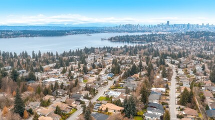 Fototapeta premium A stunning aerial view showcasing a vibrant cityscape with a serene lake and distant urban structures, highlighting nature's beauty alongside urban development.
