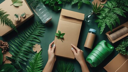 A biodegradable packaging demonstration with plants and greenery surrounding the items