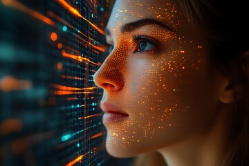 Woman's face overlaid with digital data.