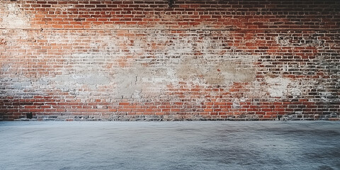 Ein leerer Loft-Raum mit einer Backsteinmauer bietet eine minimalistische und industrielle Kulisse und reichlich Platz für kreative und generative Designkonzepte. Hintergrund Fotostudio
