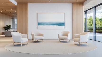 Fototapeta premium A cozy room features three stylish chairs arranged neatly beneath a striking large painting on the wall, creating an inviting atmosphere.