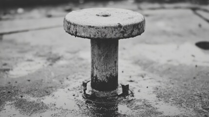 Naklejka premium Weathered metal bollard on wet surface.