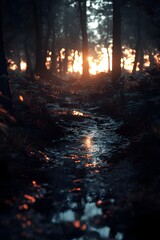 Obraz premium Sunset's Golden Glow on Forest Stream