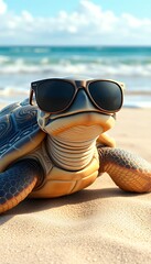Cool Turtle in Sunglasses Relaxing on Sunny Beach