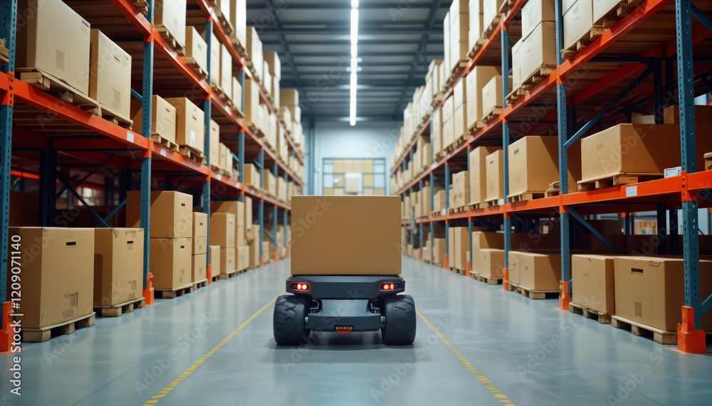 Poster automated robotic cart transports large cardboard box inside spacious warehouse. organized shelves h