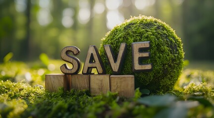 Wooden letters spelling save next to mossy sphere